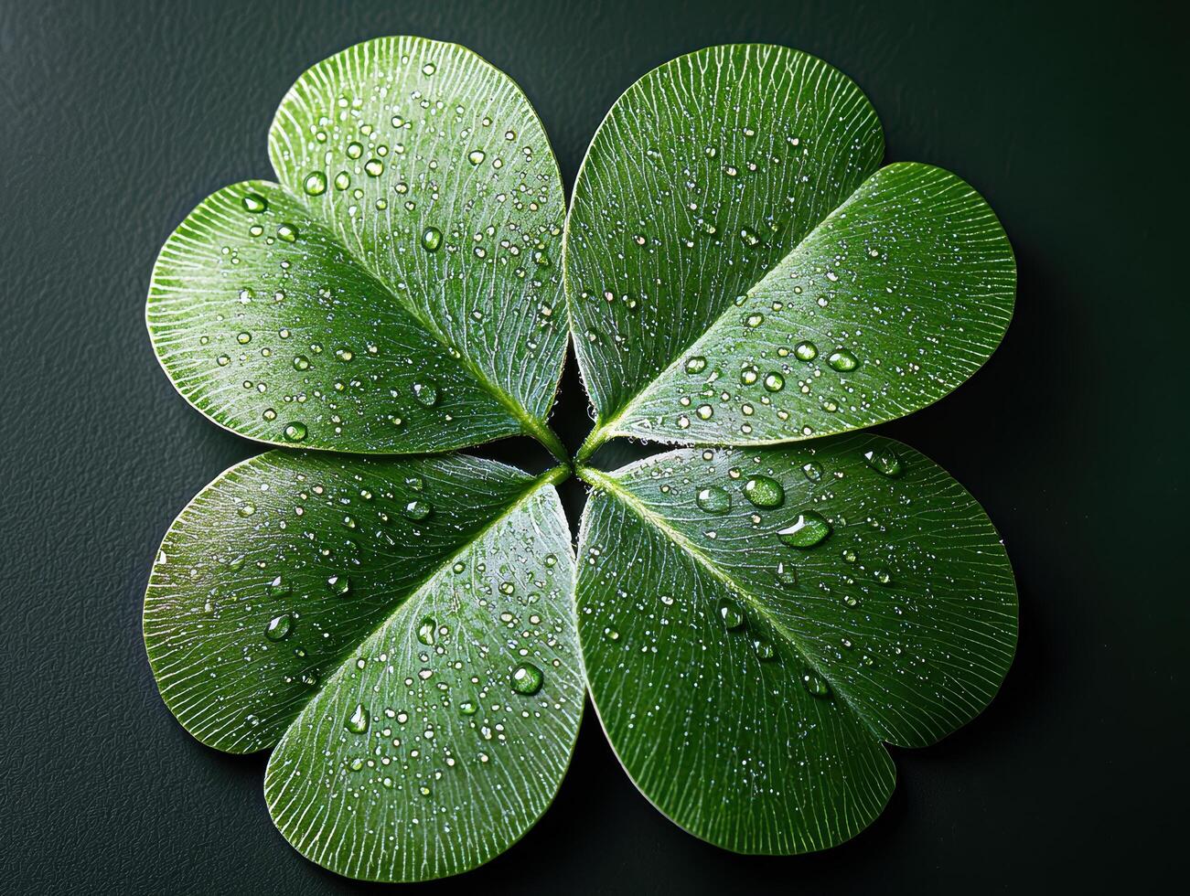 Close up of a green four leaf clover with water droplets photo
