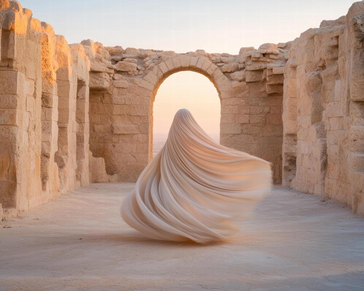 Mysterious figure in flowing robe passing through ancient archway photo