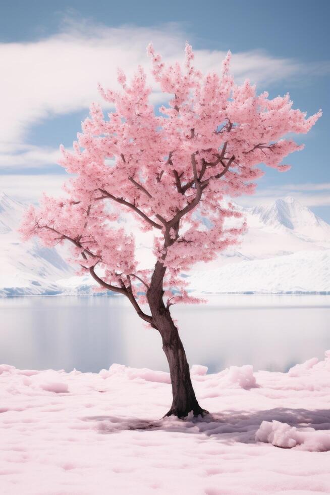 Serene winter landscape with blooming cherry tree photo