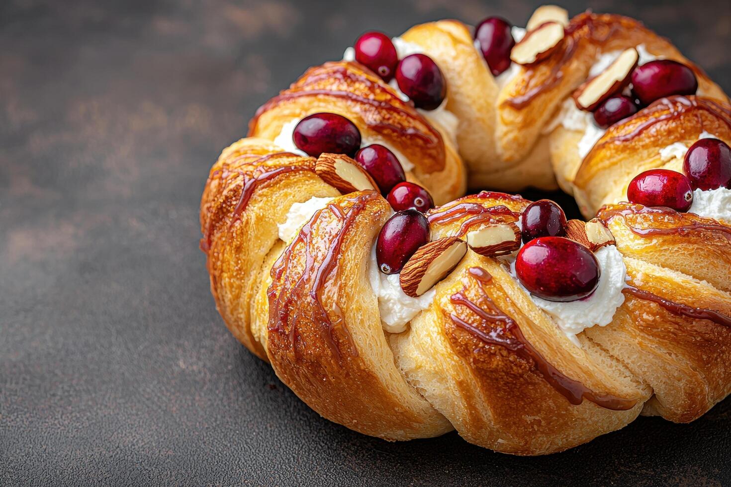 Delicious pastry wreath with cherries and almonds photo