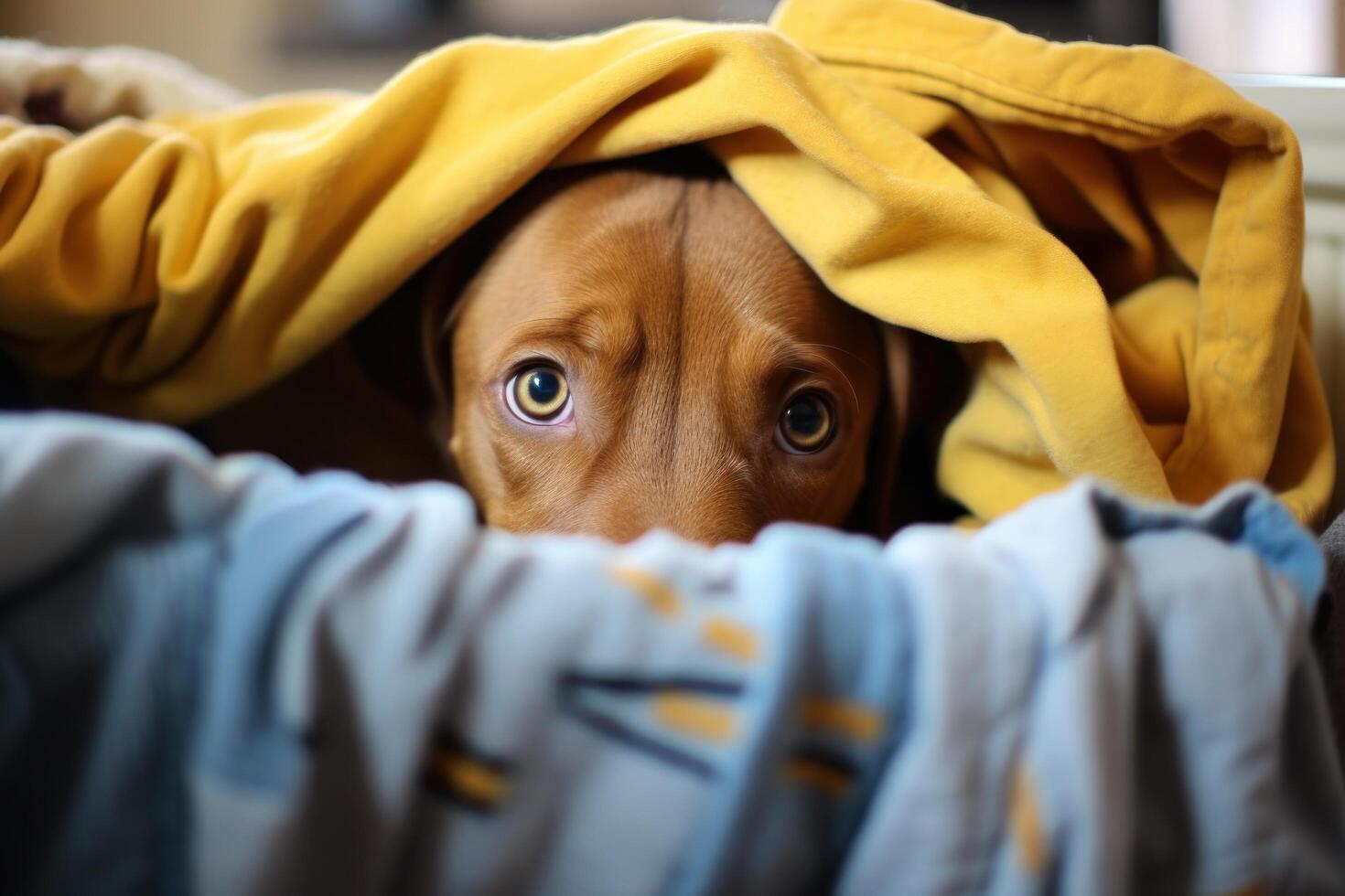 Curious dog peeking out from under a yellow blanket photo