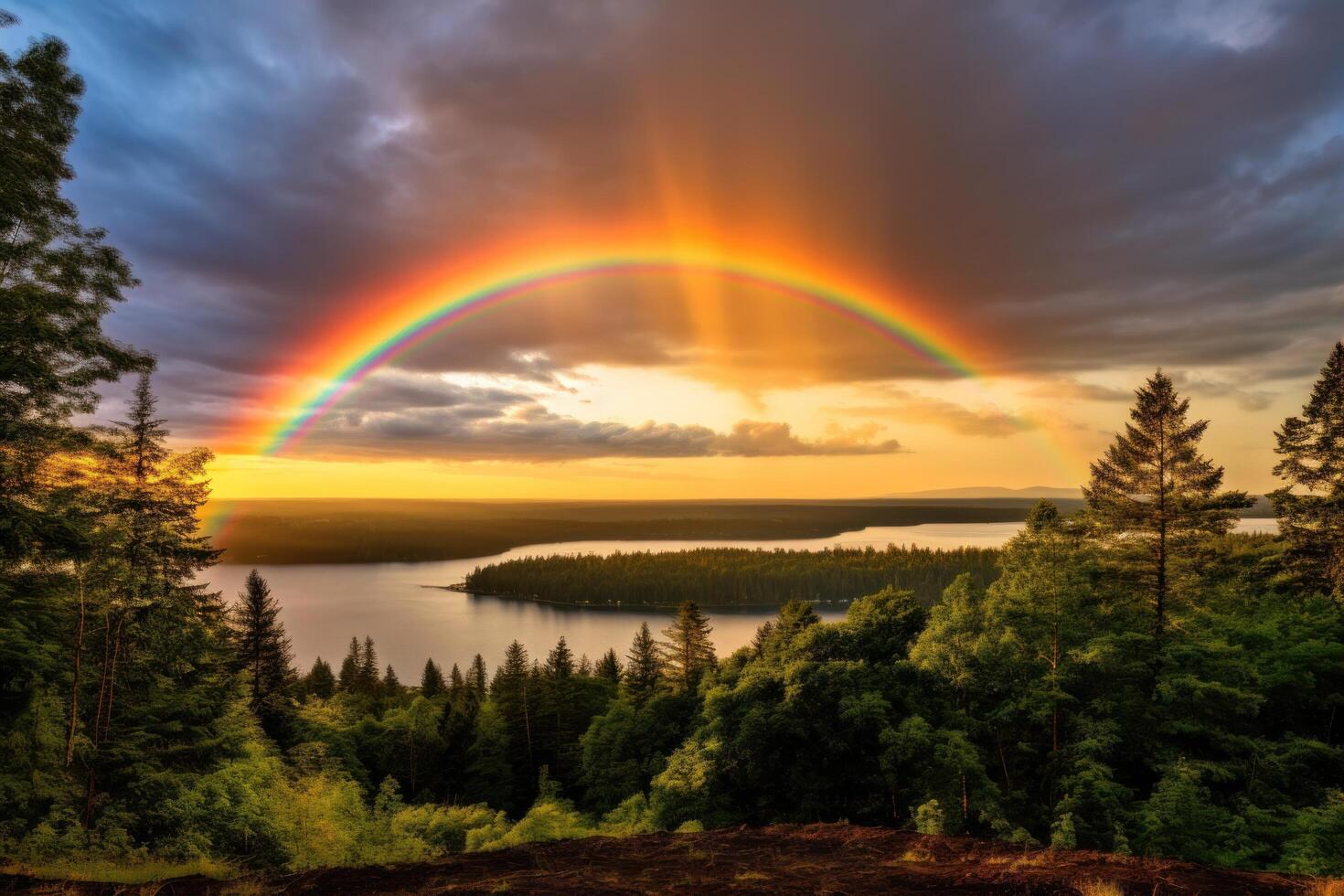 Stunning rainbow over a serene forest landscape photo