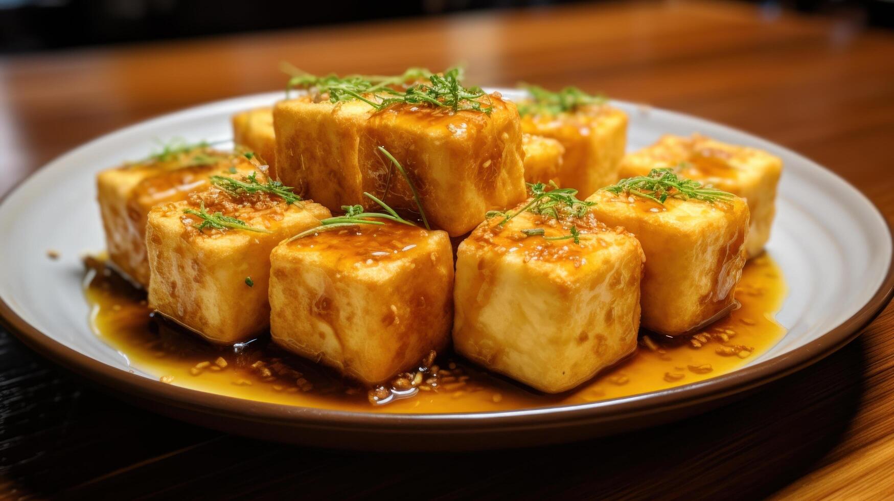 Delicious braised tofu cubes with aromatic herbs photo