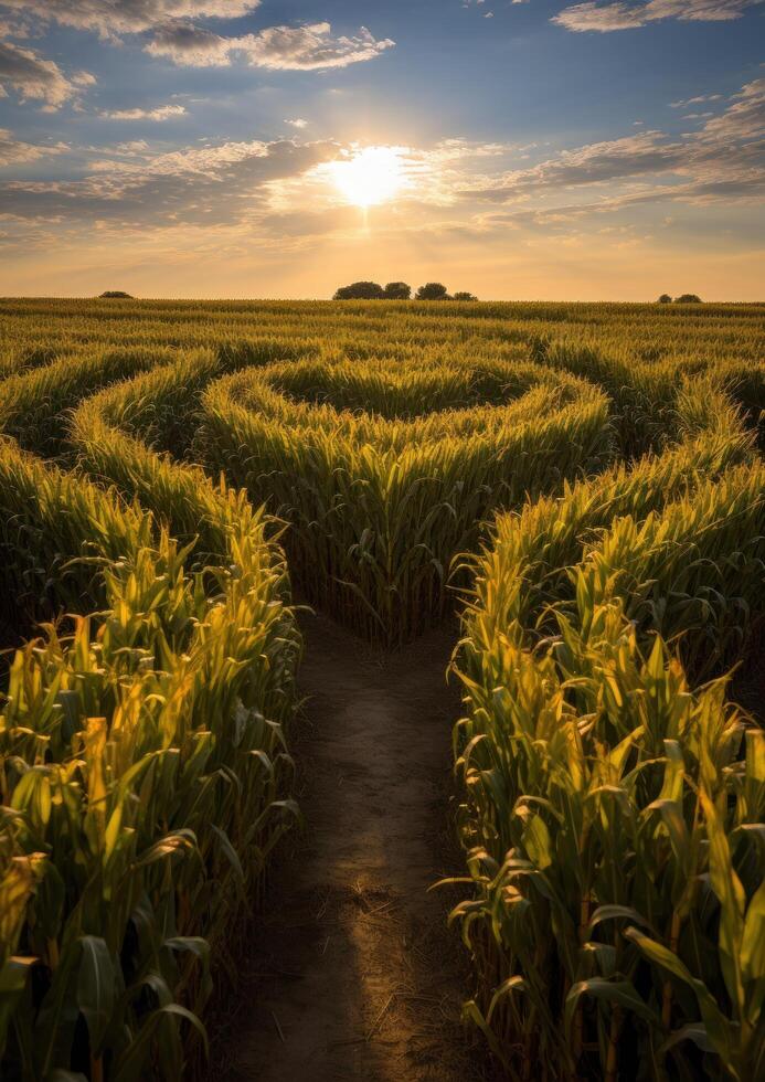 Sunset over a golden wheat field photo