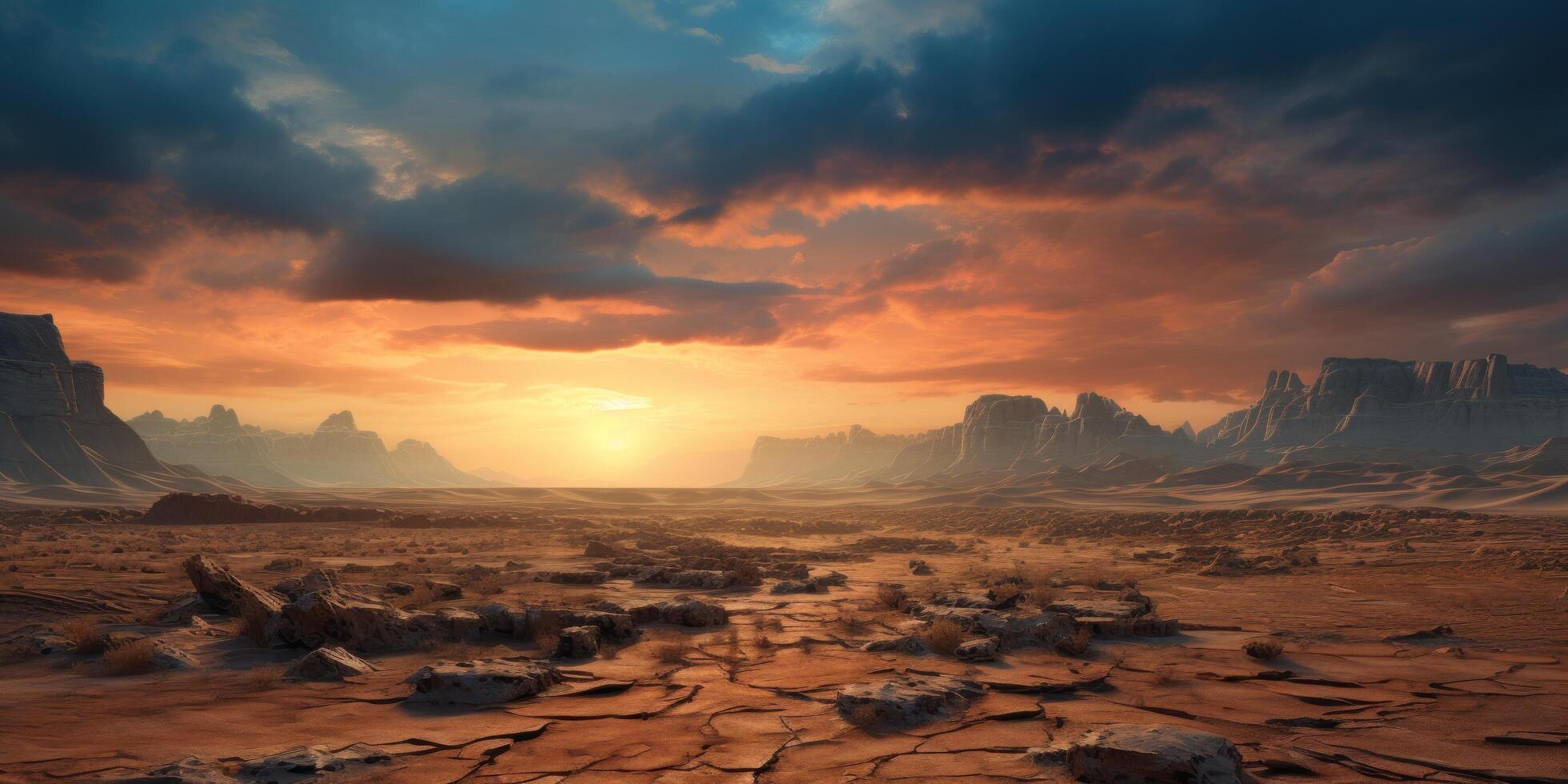Dramatic desert landscape at sunset photo