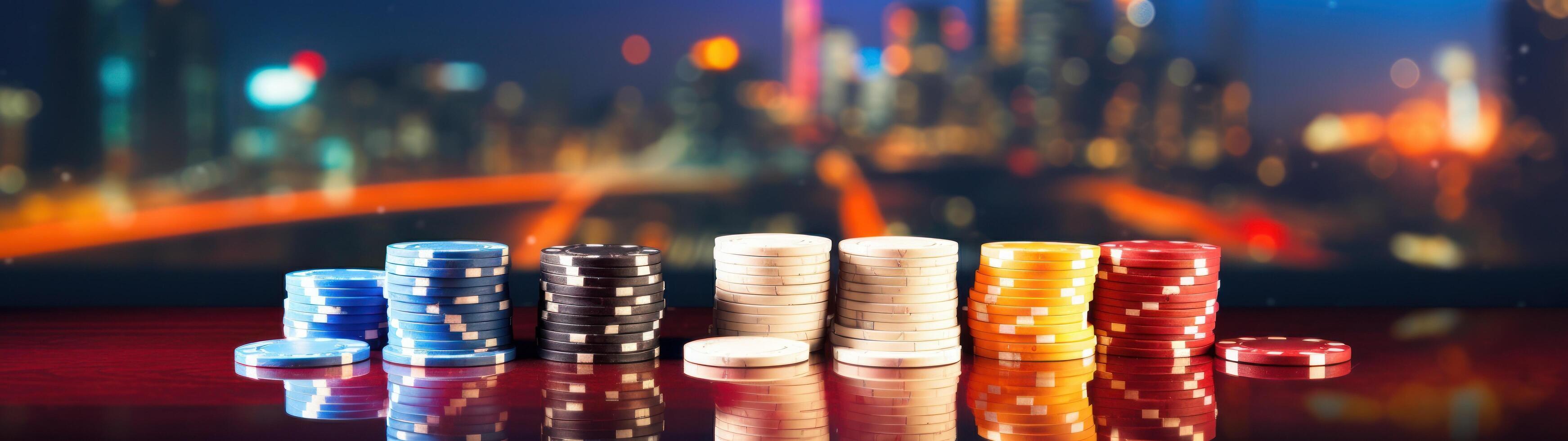 Stacks of casino chips on a reflective surface photo