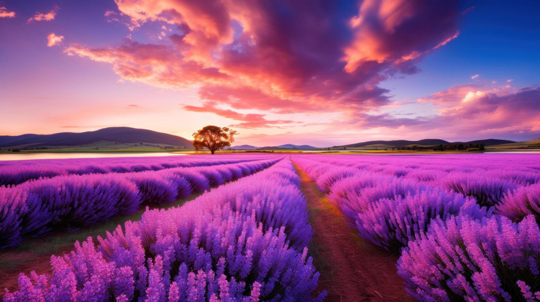 Vibrant Lavender Fields at Sunset photo