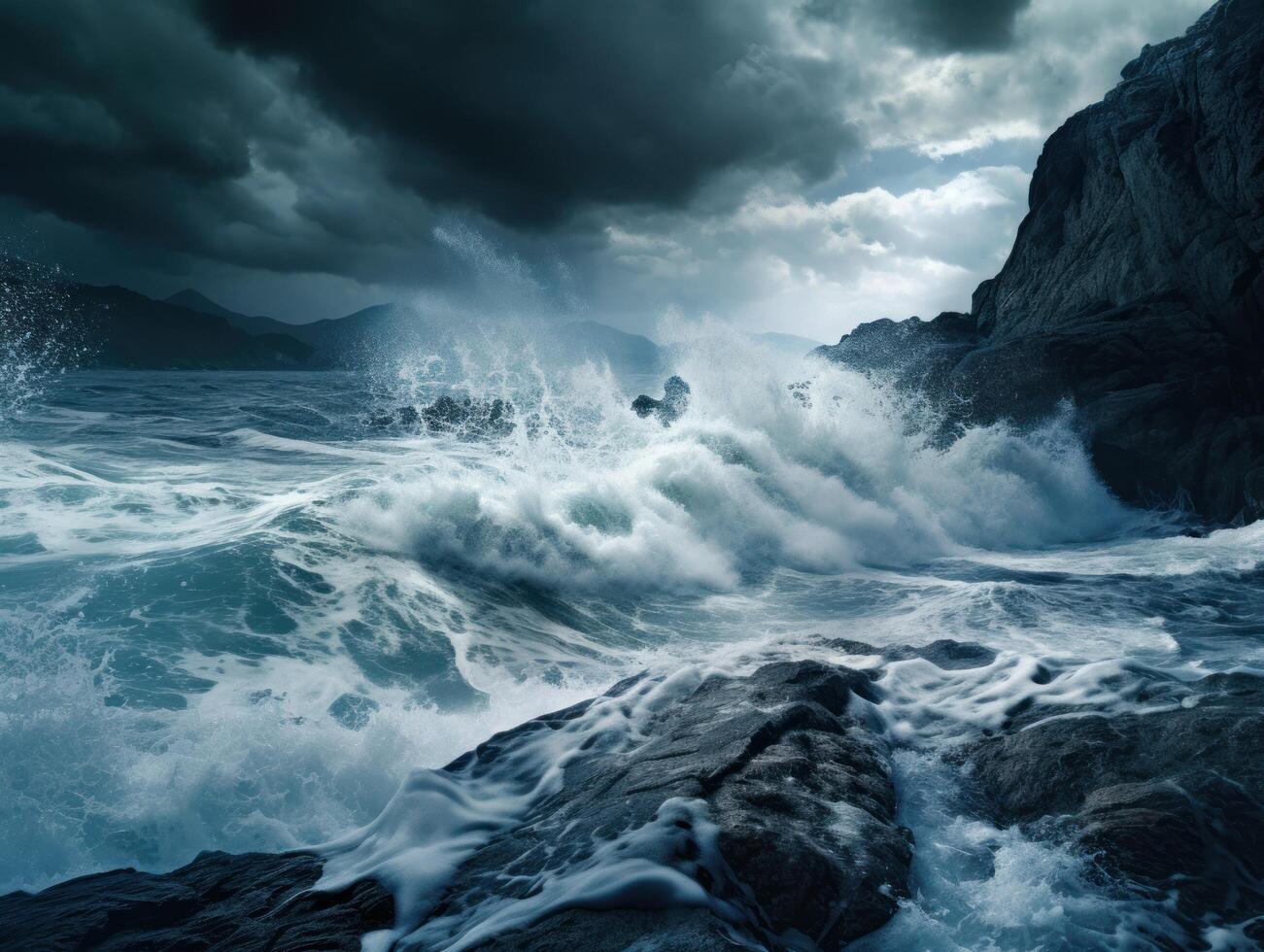 Powerful Stormy Ocean Waves Crashing Against Rugged Cliffs photo