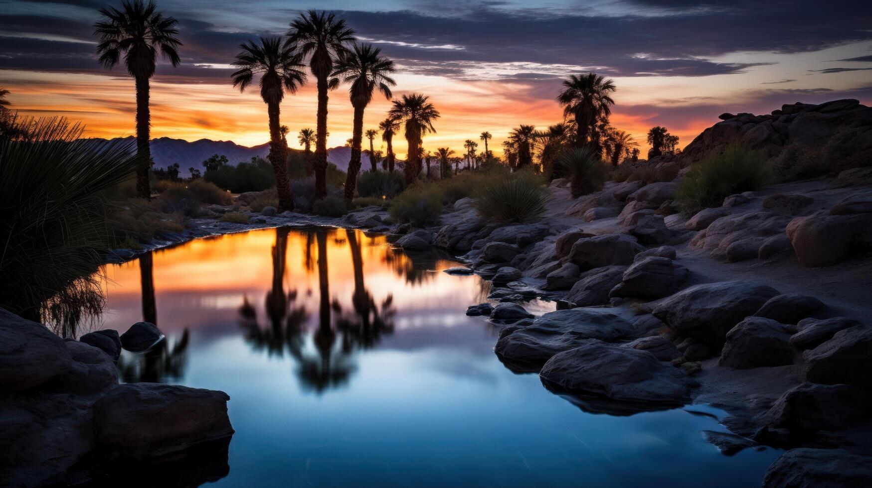 Serene desert oasis at sunset photo