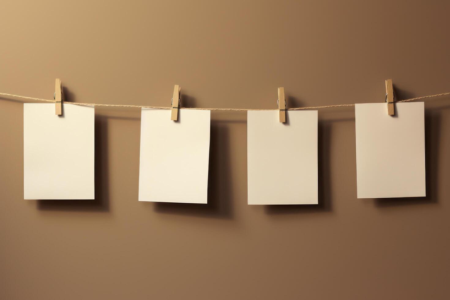 Blank paper cards hanging on a clothesline photo