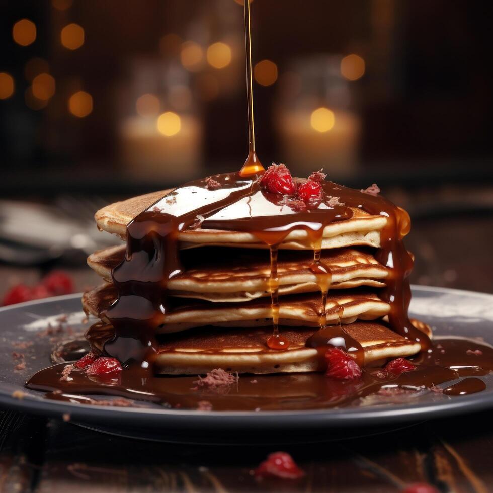 Decadent chocolate pancake stack with raspberry drizzle photo