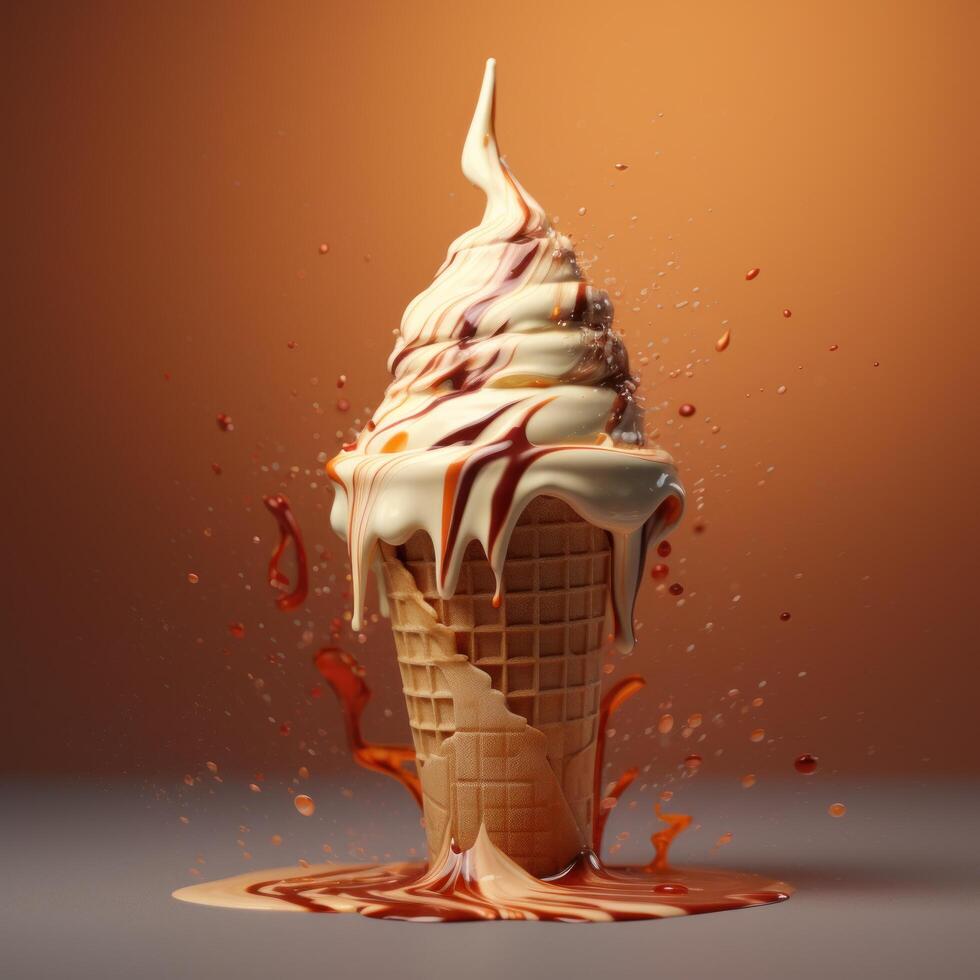 Melting ice cream cone with dripping chocolate sauce photo