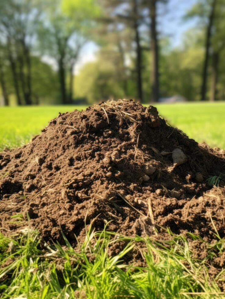 Pile of Soil in Grassy Field photo