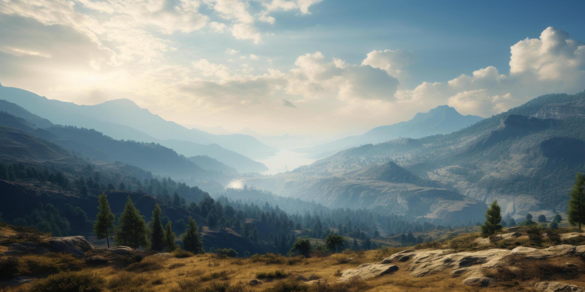 Majestic mountain landscape with rolling hills and pine forests photo