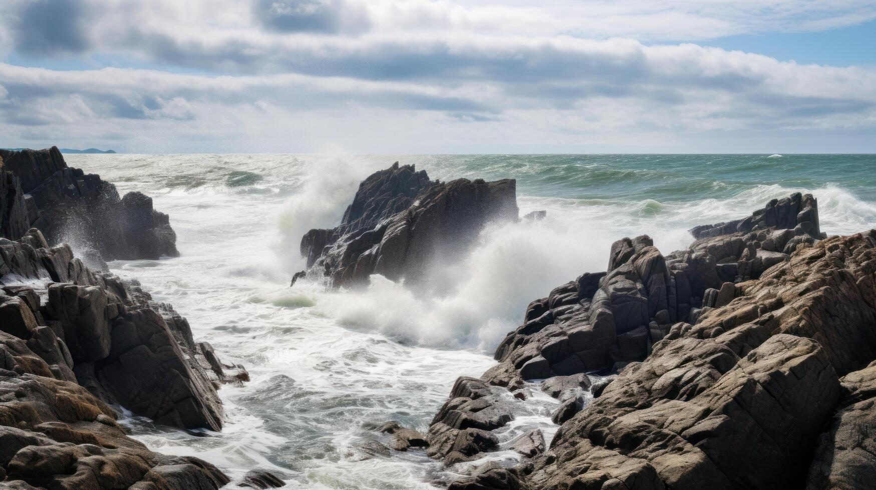 Dramatic Seascape with Crashing Waves and Rugged Cliffs photo
