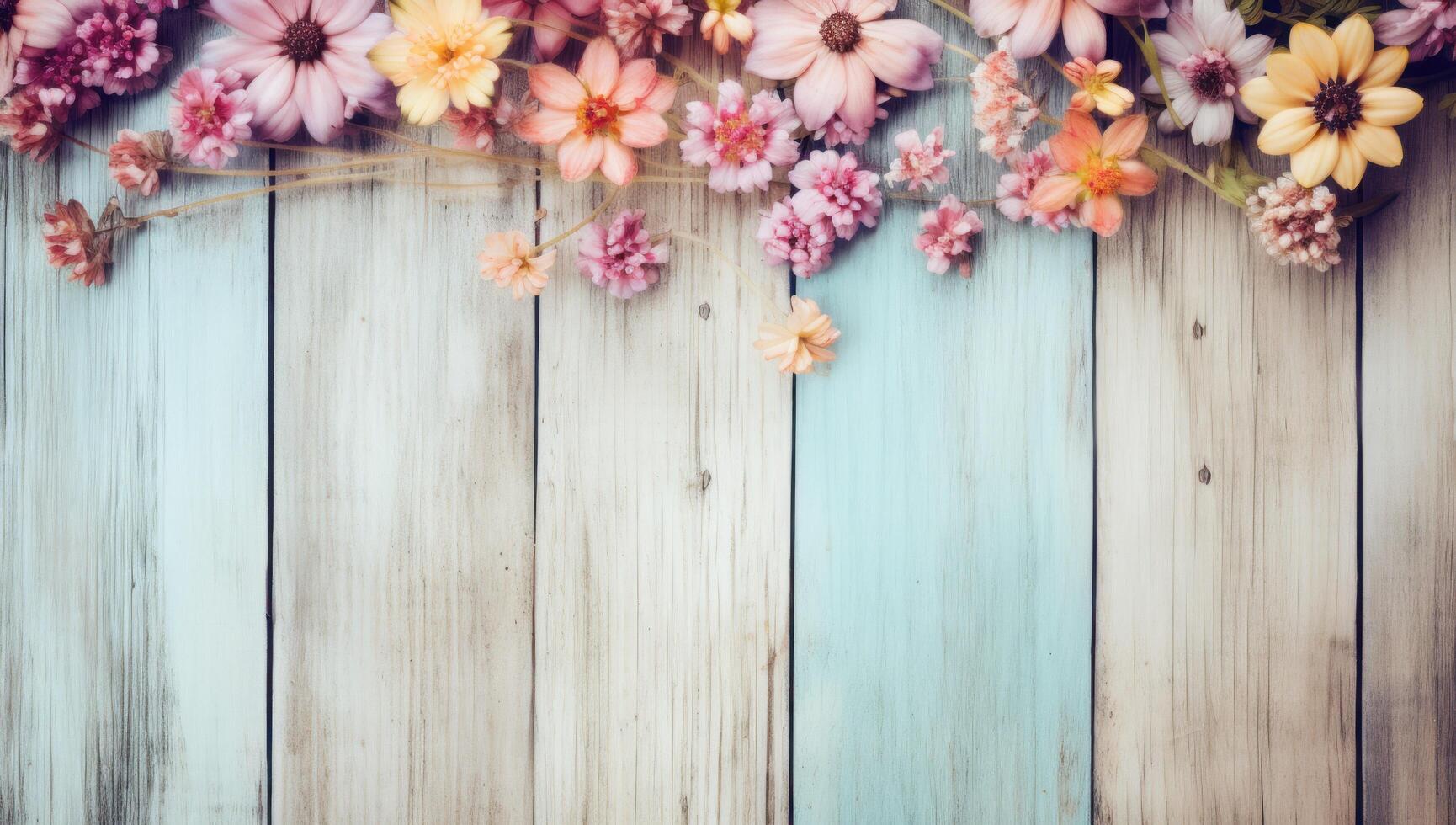 Vibrant Floral Arrangement on Rustic Wooden Background photo