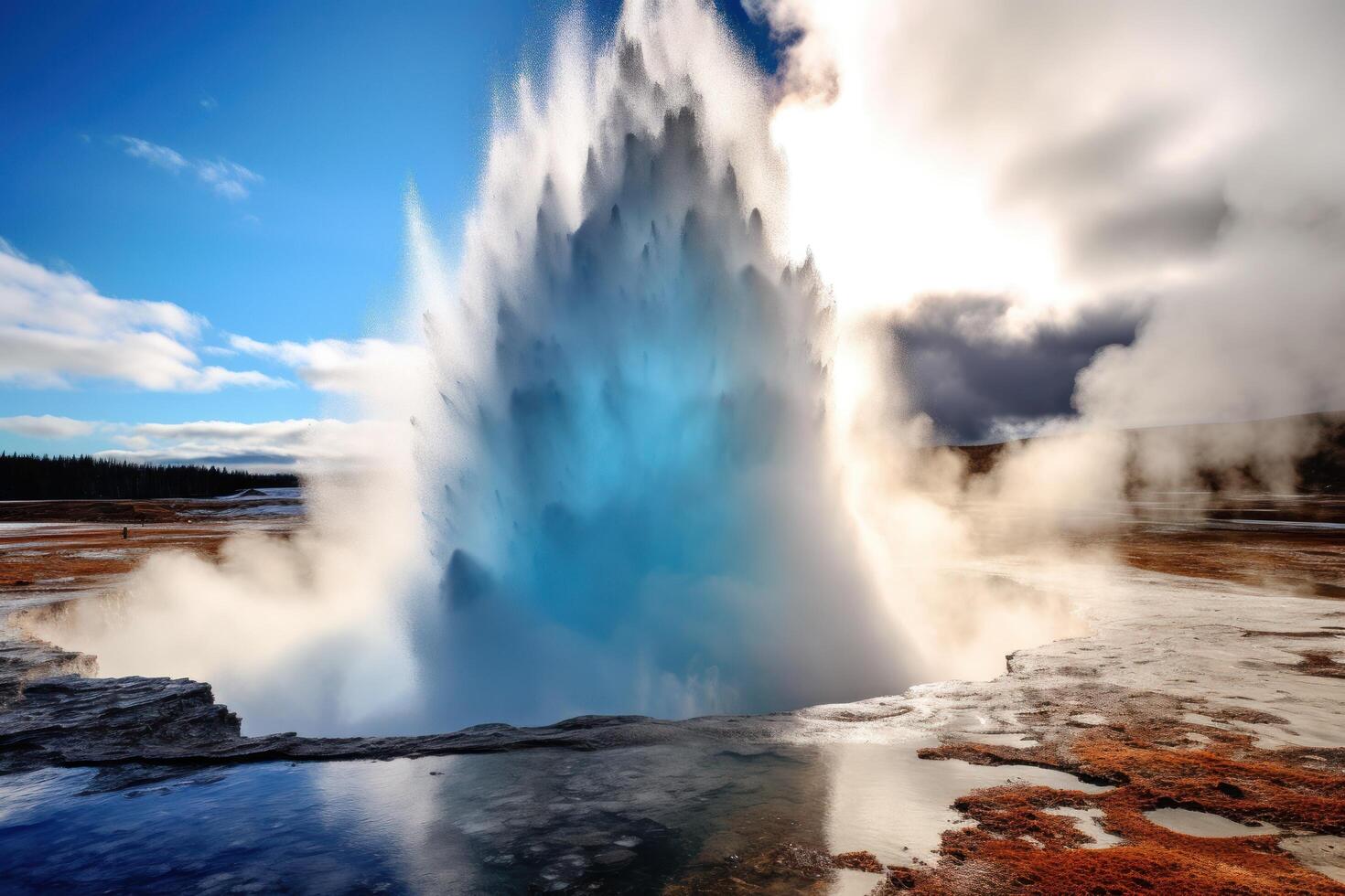 Powerful Geyser Eruption in Scenic Landscape photo