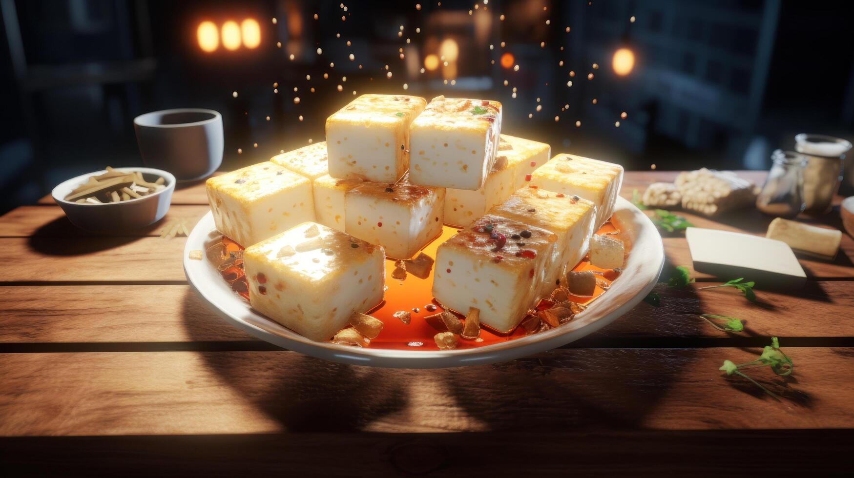 Delicious homemade marshmallow cubes on wooden table photo