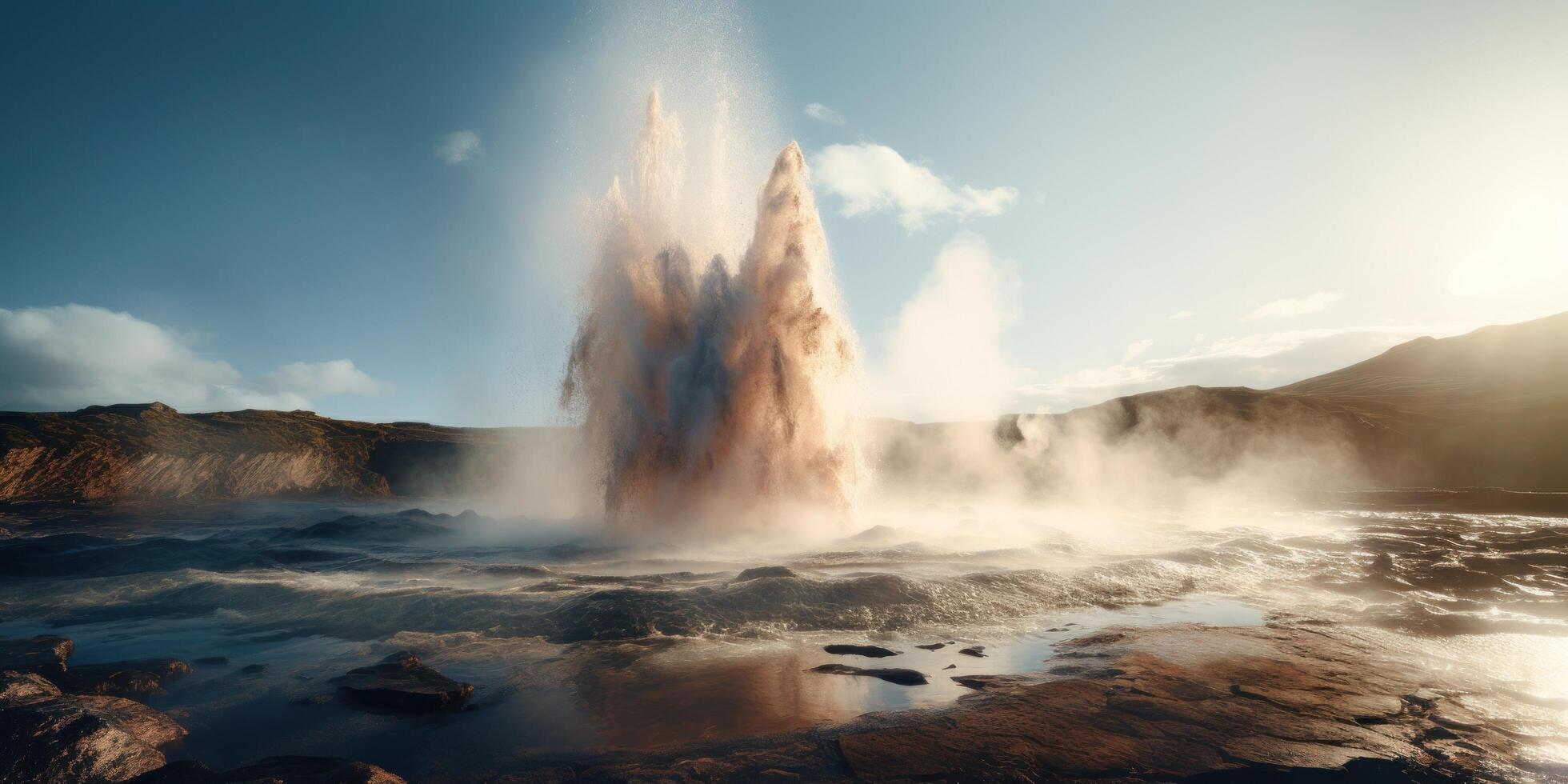 Powerful Geyser Eruption in Volcanic Landscape photo