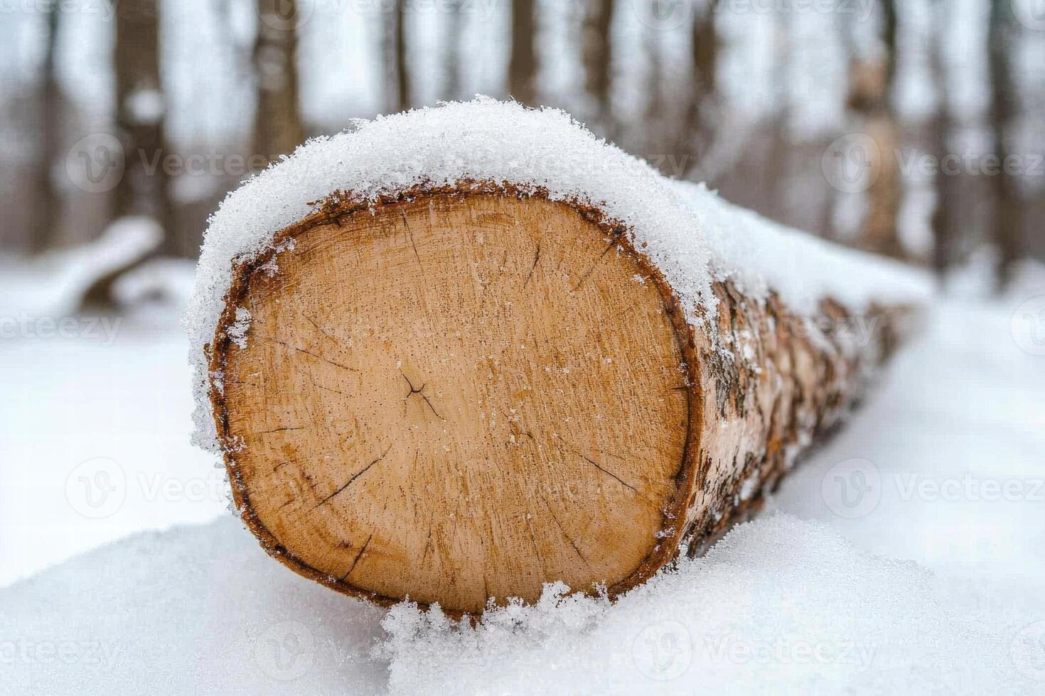 Snowy log in winter forest photo