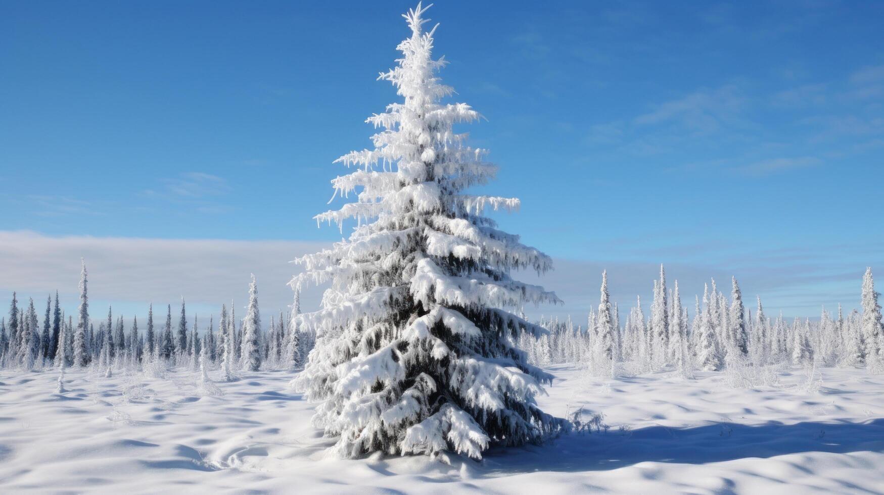 Snowy winter landscape with frosted pine tree photo