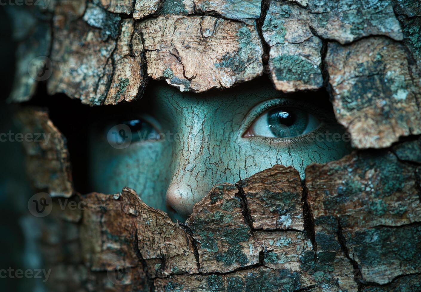 Mysterious eyes peeking through cracked rock photo