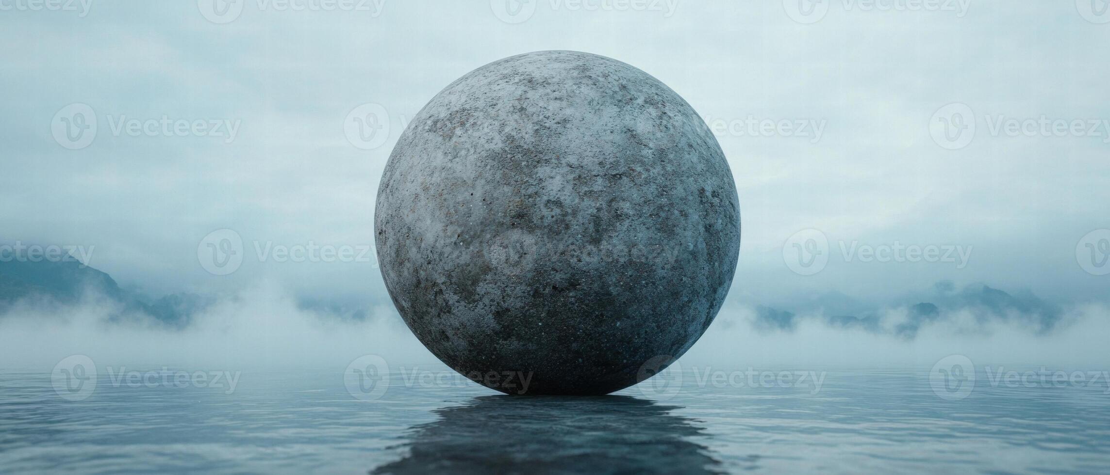 Mysterious floating sphere in misty lake photo