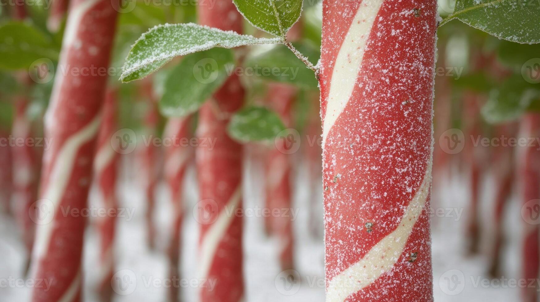 Frosty red and white striped candy cane with green leaves photo