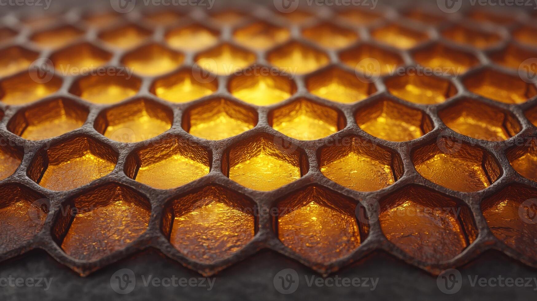 Closeup of honeycomb structure with golden honey photo