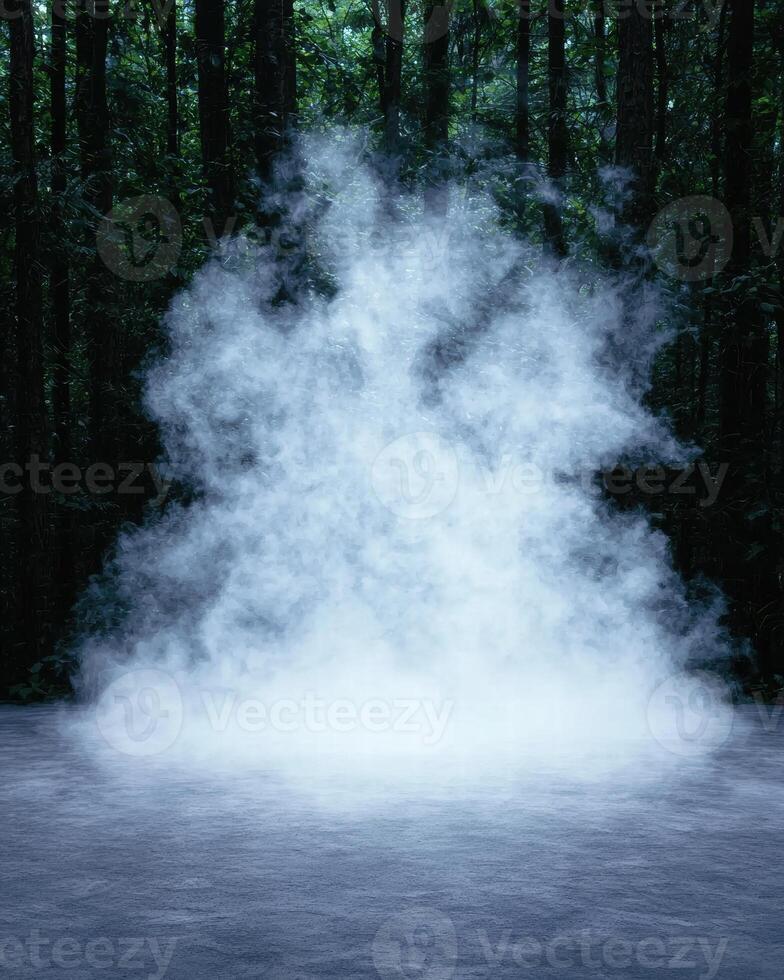 Mysterious fog in dark forest photo