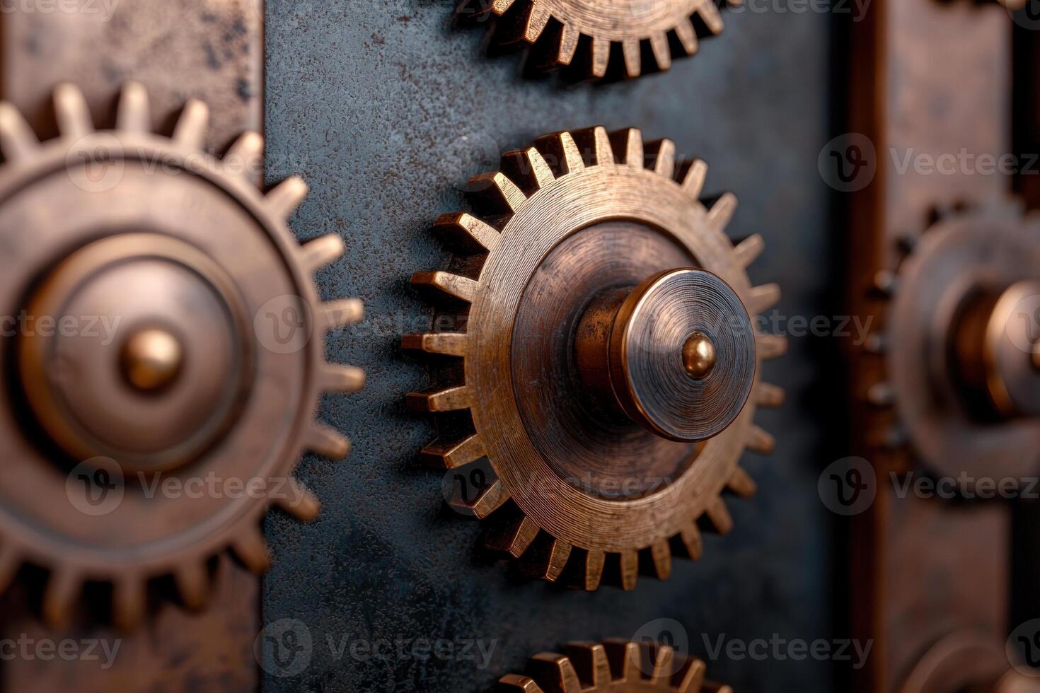 Intricate gears and cogs of an old mechanical device photo