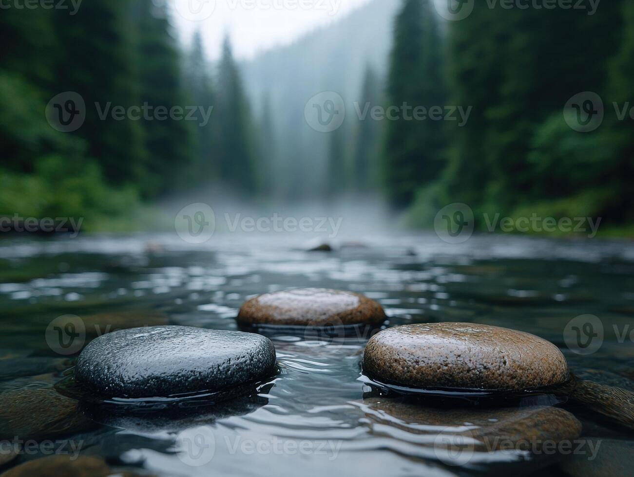 serene misty forest stream with smooth stones photo