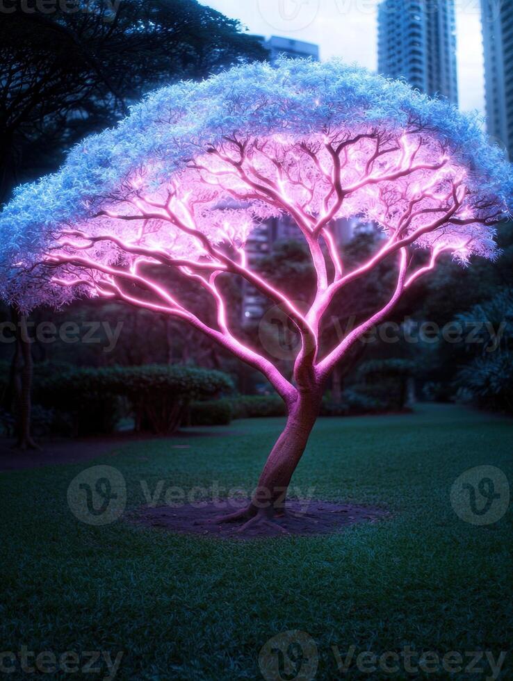 Glowing pink tree in urban park photo