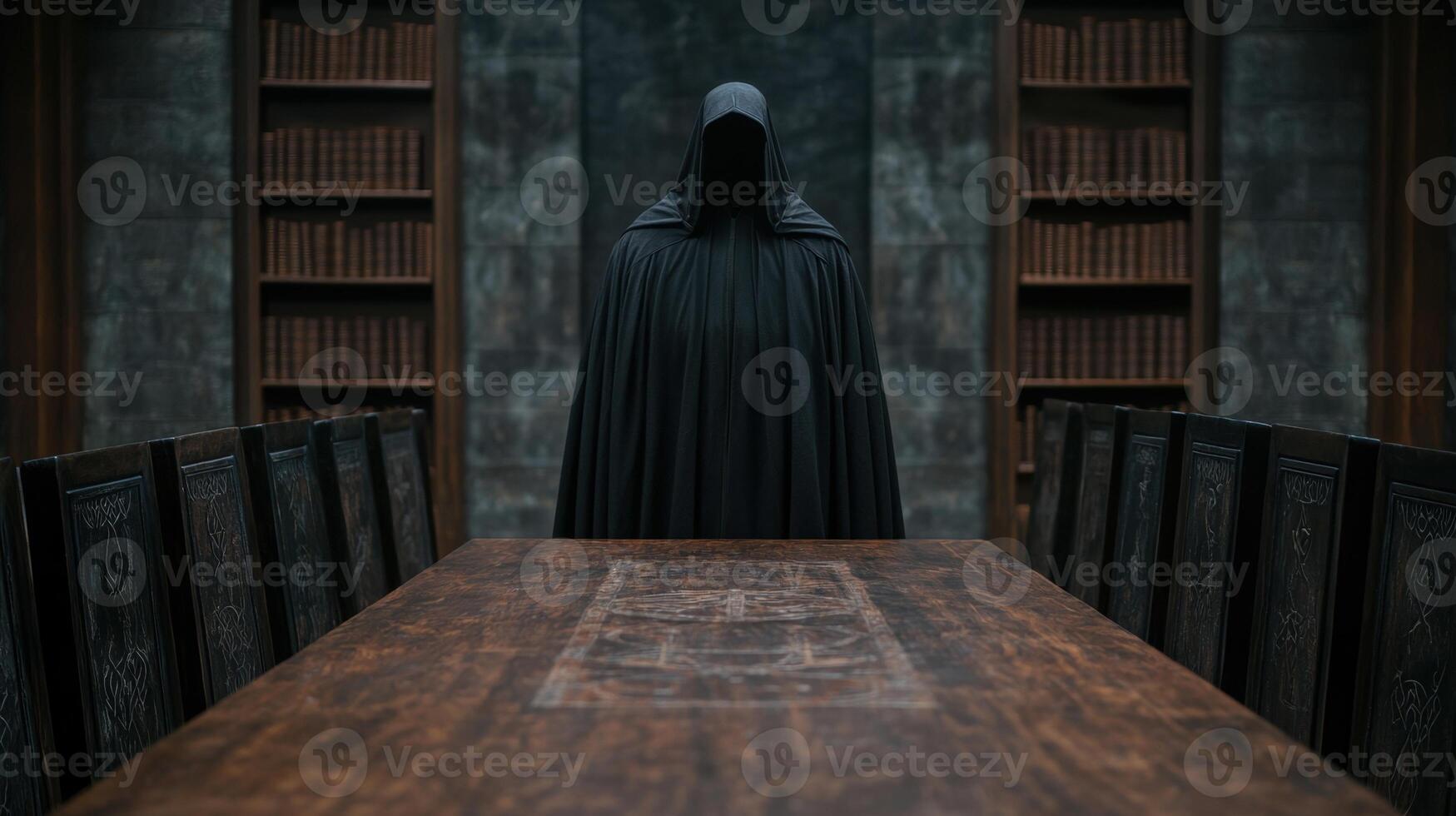 Hooded figure in dark library photo