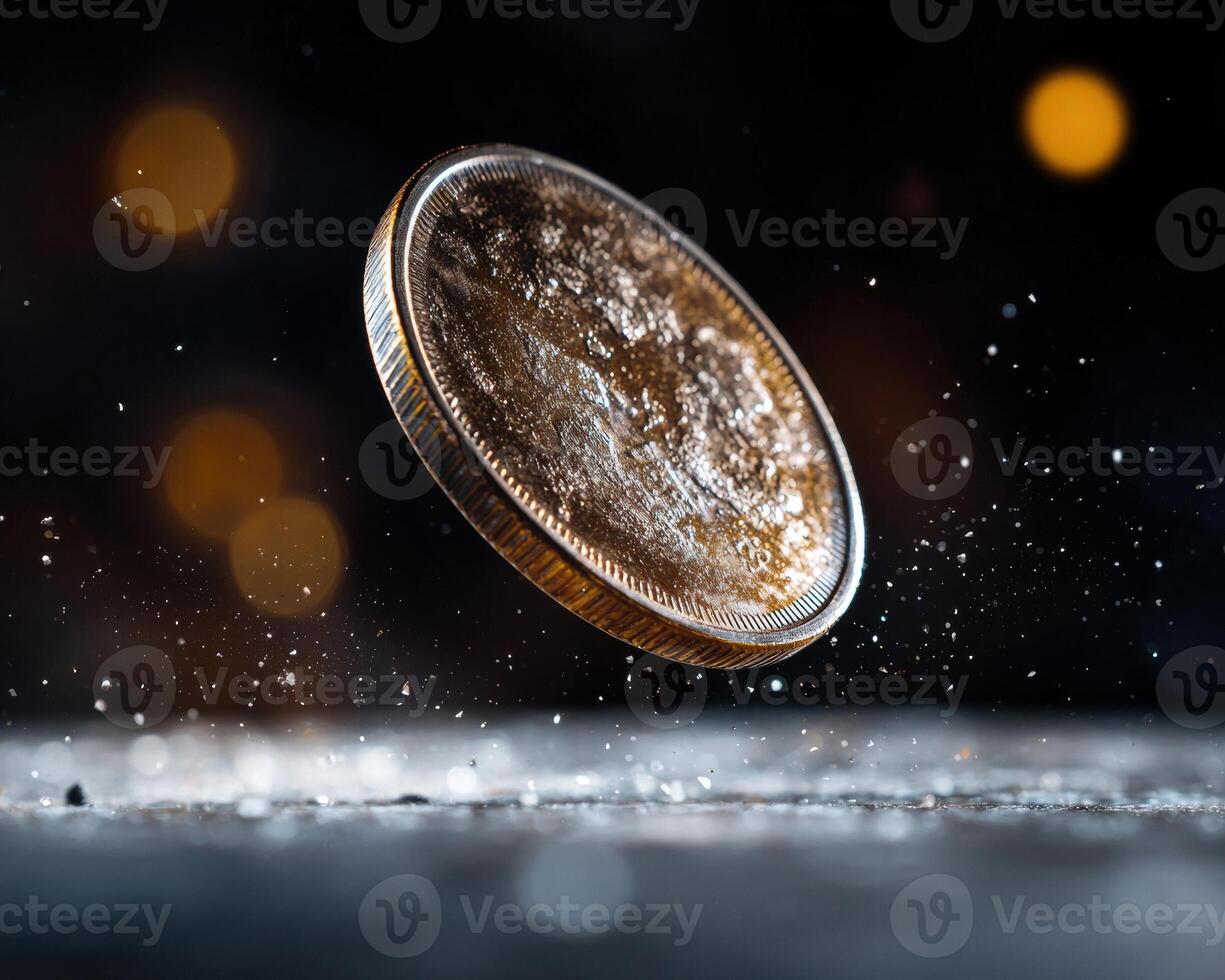 Sparkling coin floating in air photo