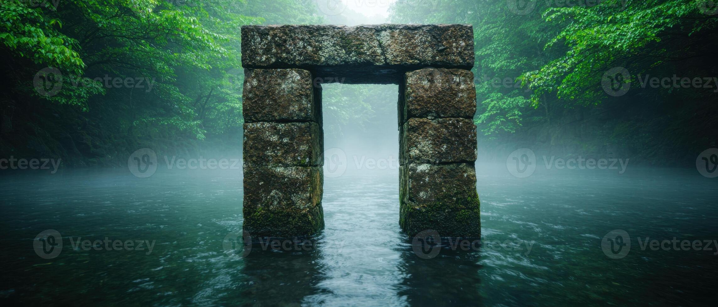 Mysterious stone archway in misty forest photo