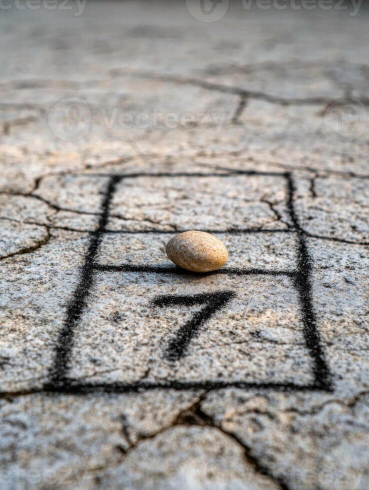 Pebble on cracked concrete with tic tac toe grid photo