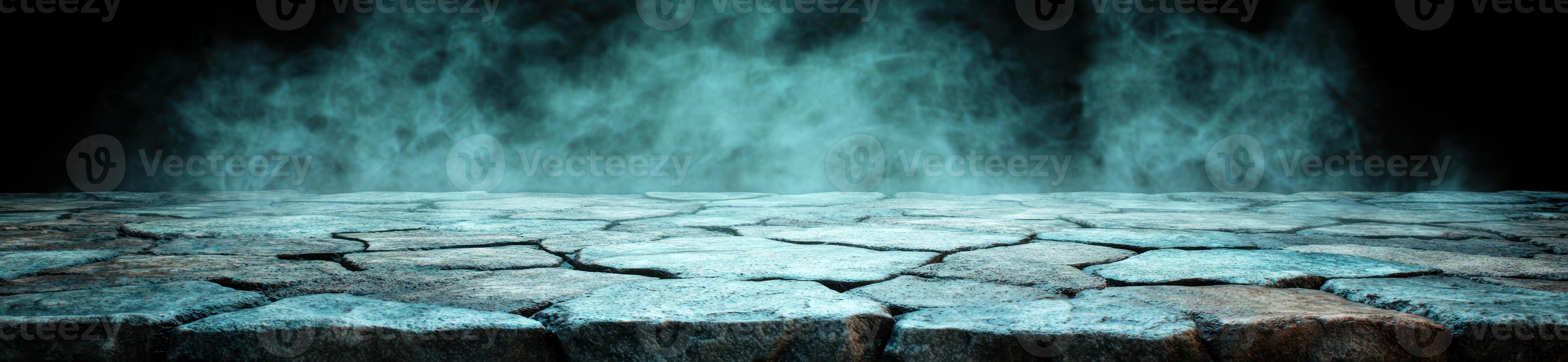 Mysterious misty landscape with cracked ice surface photo