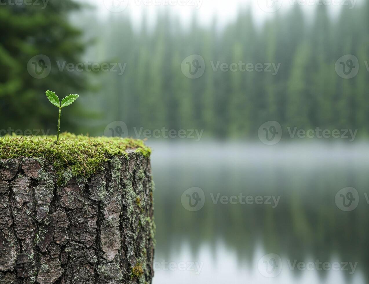 Lone sapling growing on mossy tree stump in serene forest photo