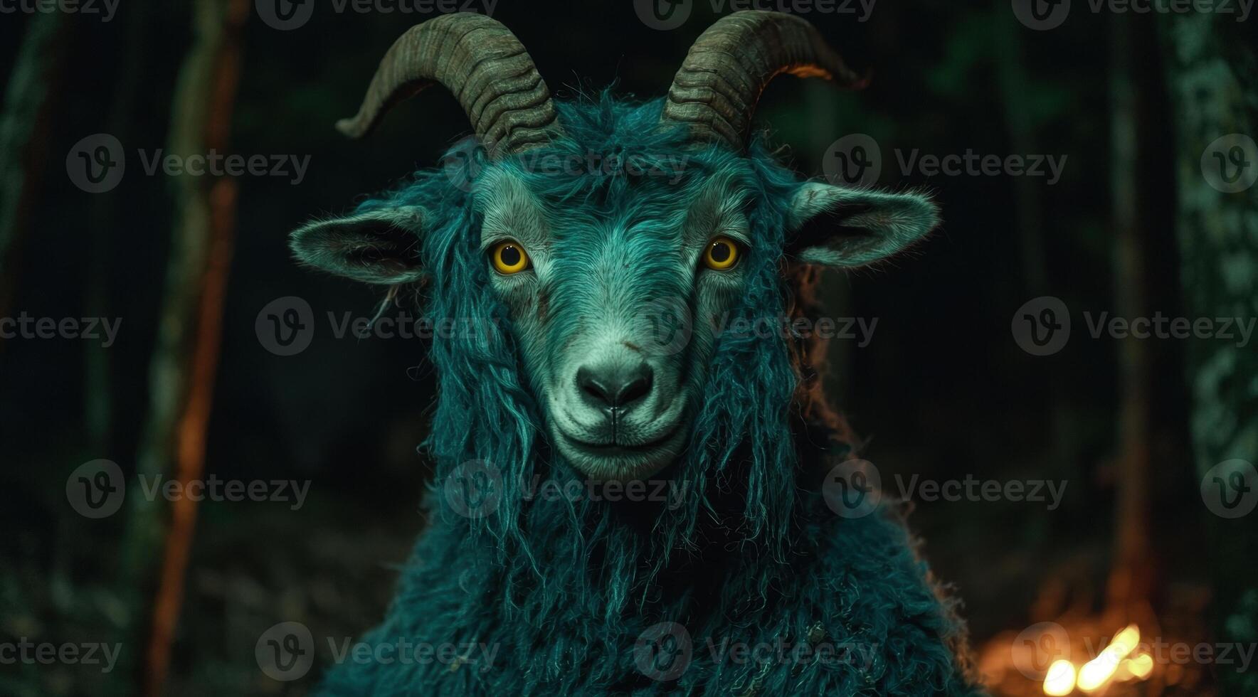 Mysterious green goat with glowing eyes photo