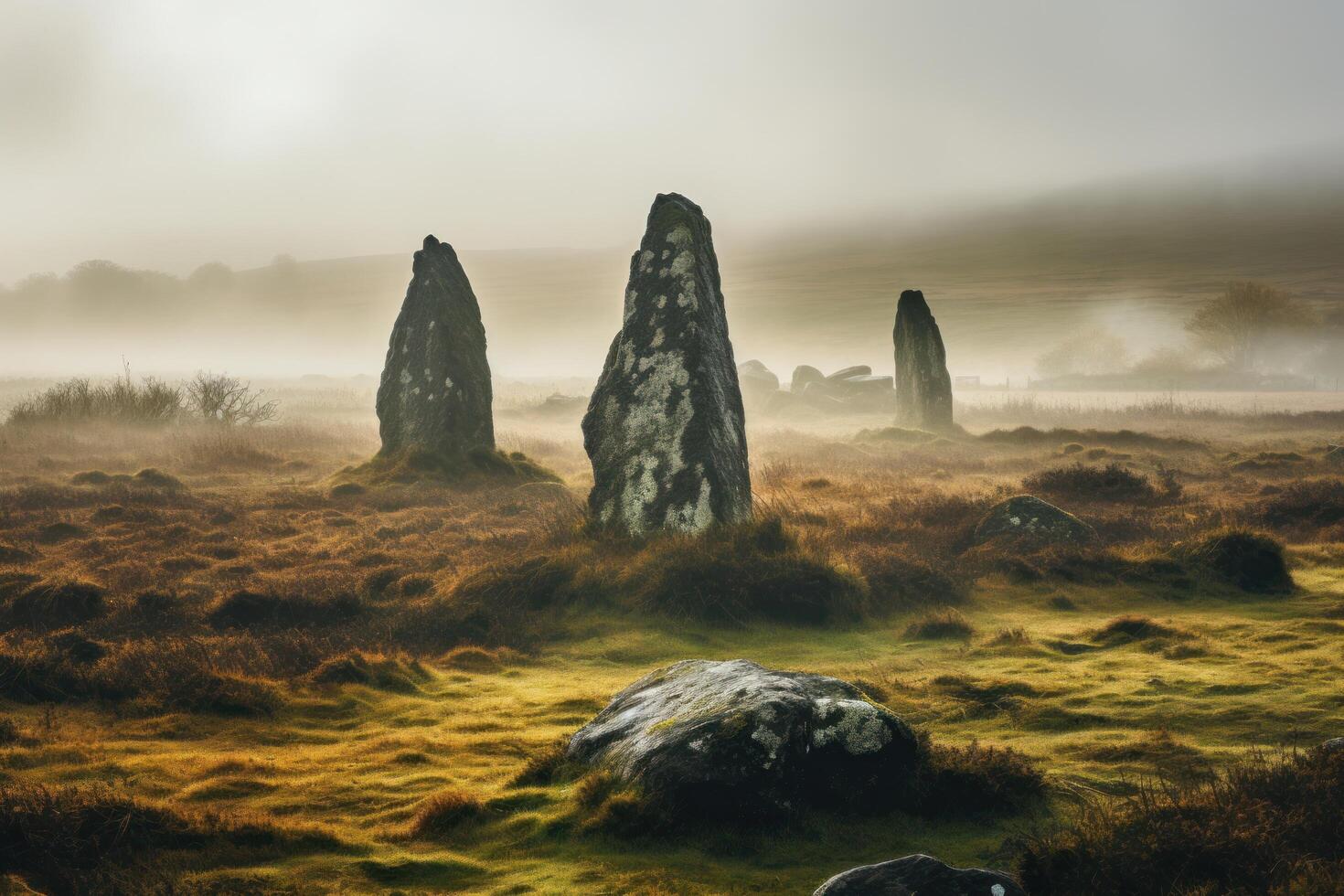 Mysterious Misty Landscape with Towering Rock Formations photo