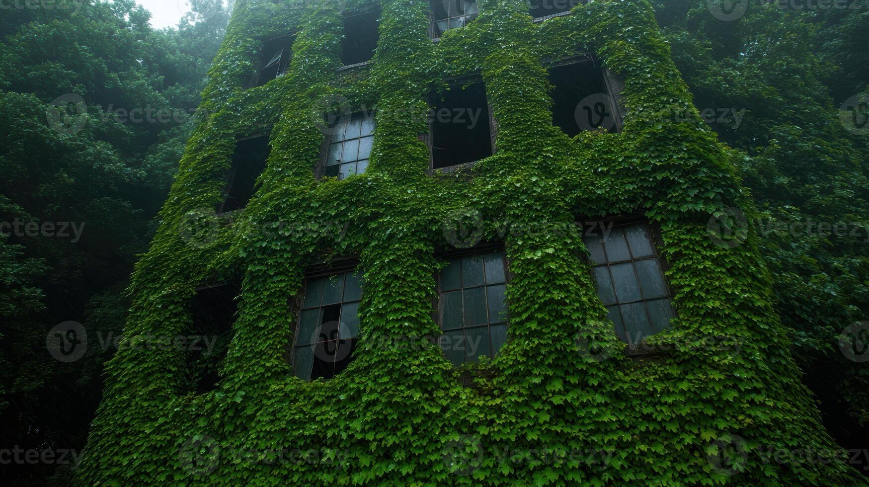 Overgrown abandoned building in lush forest photo