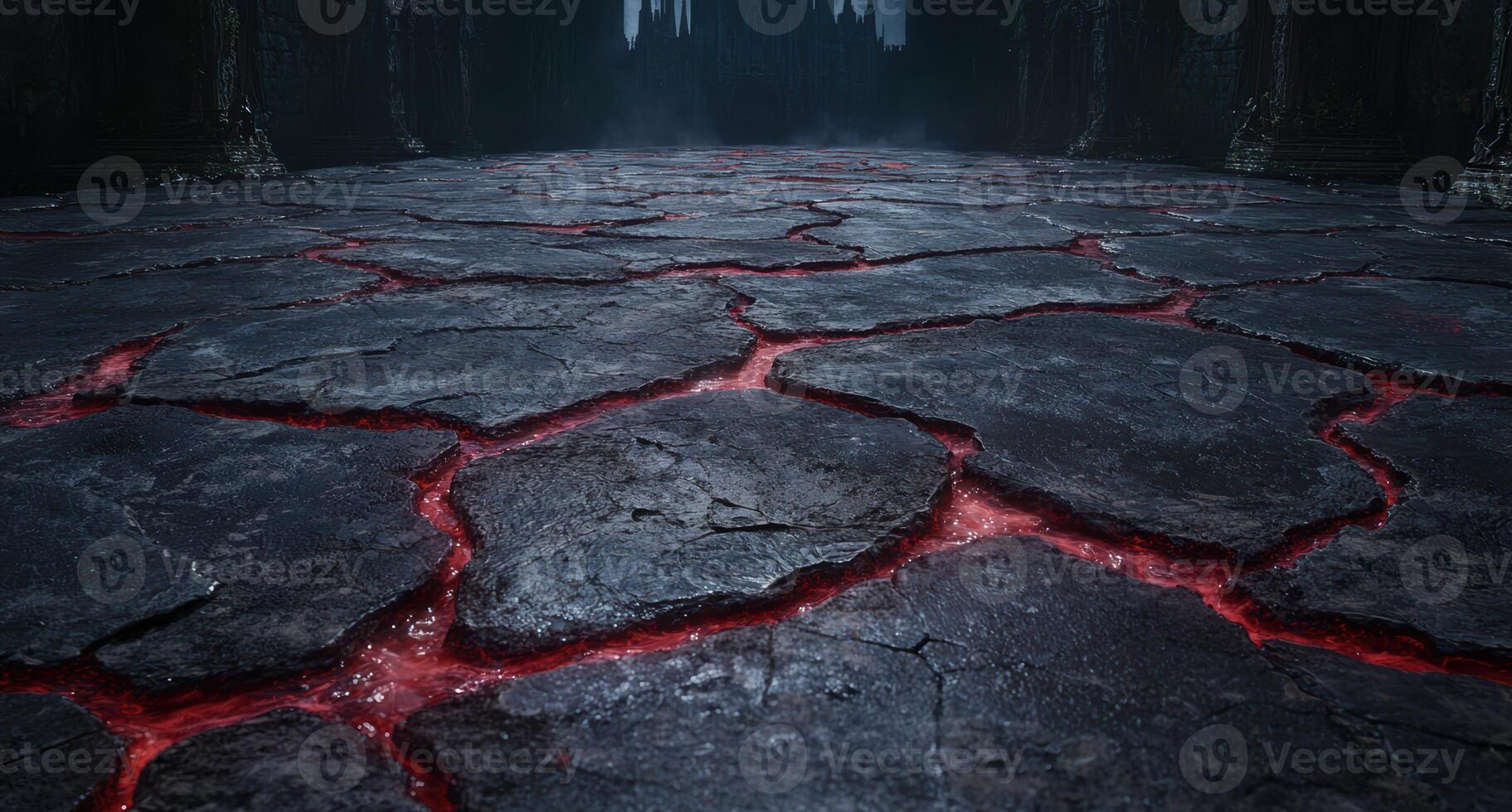 Cracked volcanic landscape with glowing lava flows photo