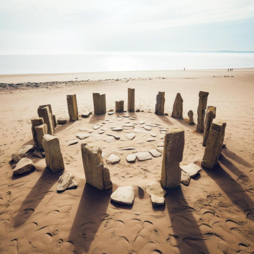 Serene beach landscape with artistic stone arrangement photo