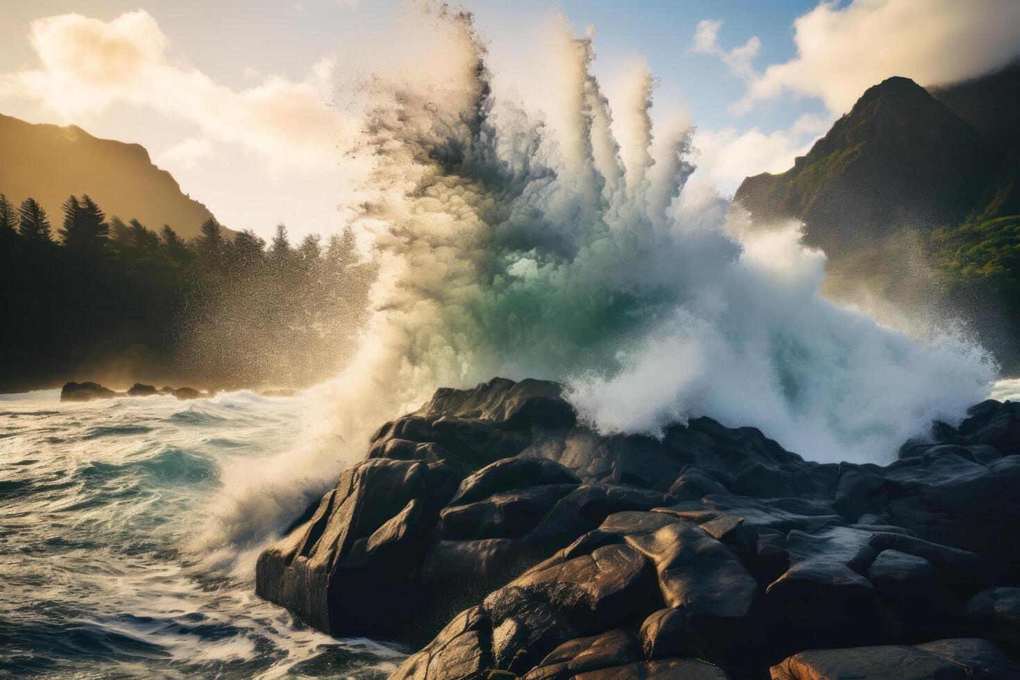 Powerful ocean waves crashing against rocky coastline photo