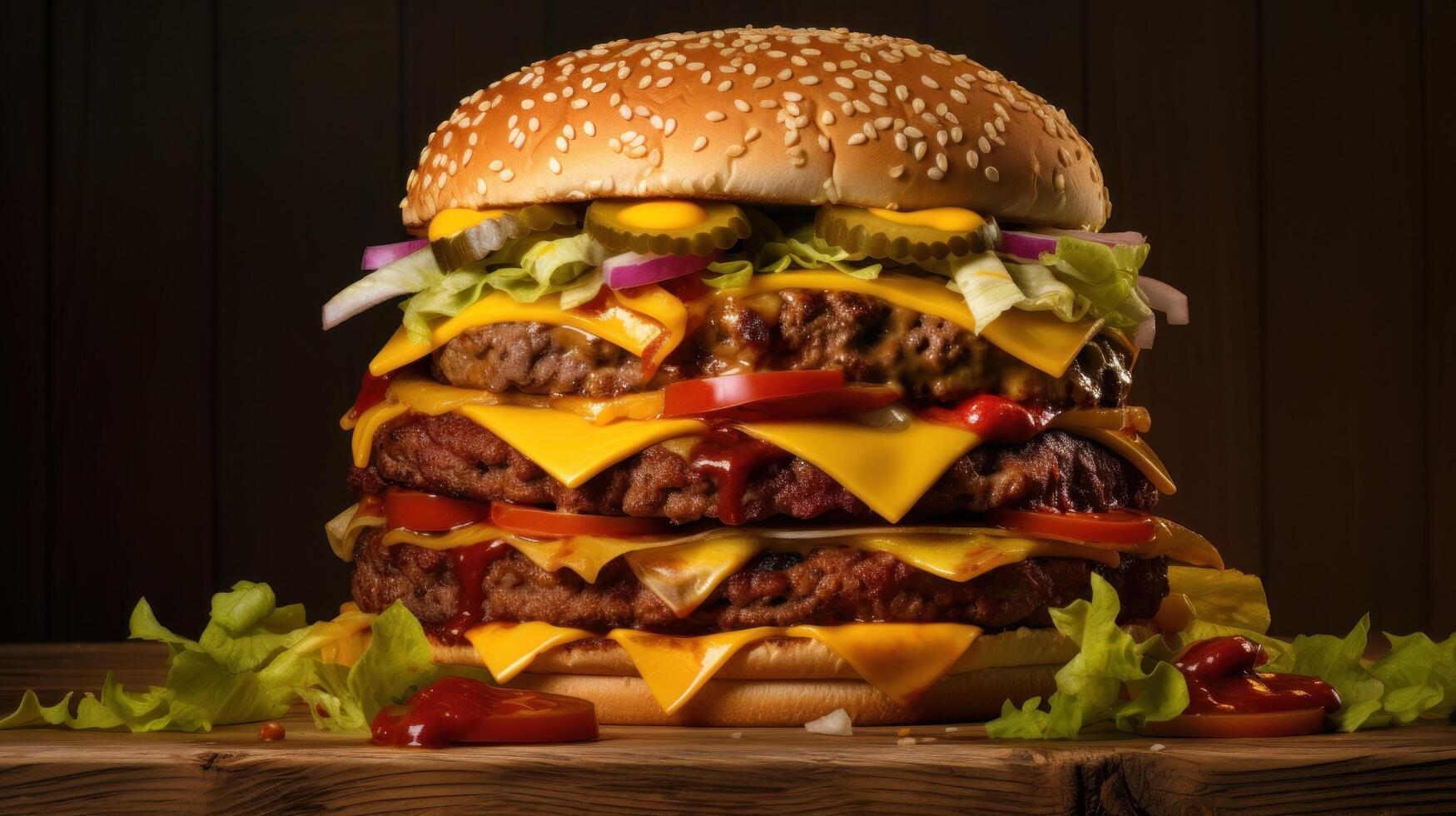 Delicious Cheeseburger on Wooden Table photo