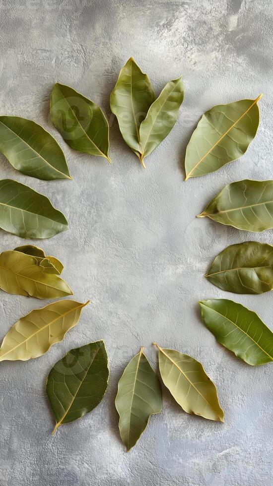 Bay leaves arranged in a circle on plaster wall background, photorealistic photo