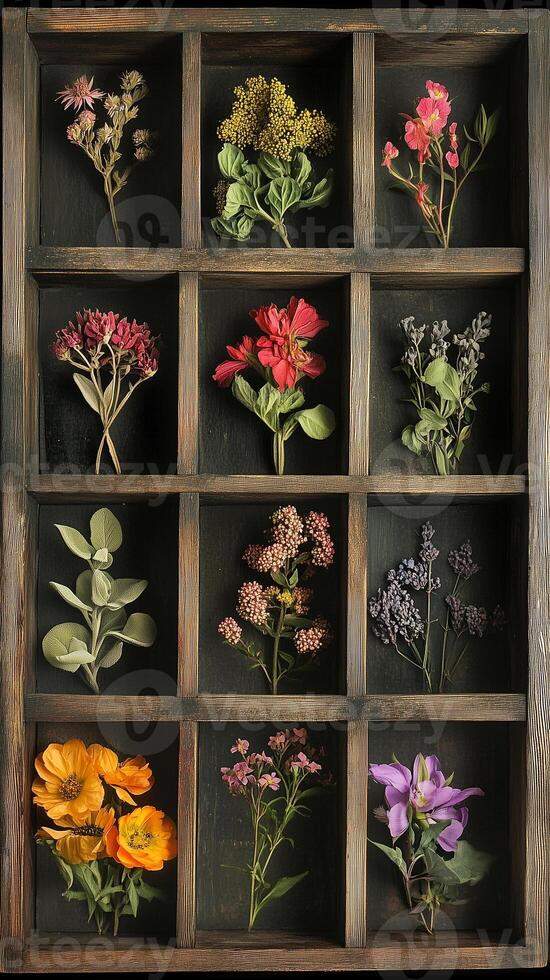 Botanicals arranged in a grid pattern inside shadow boxes, photorealistic photo