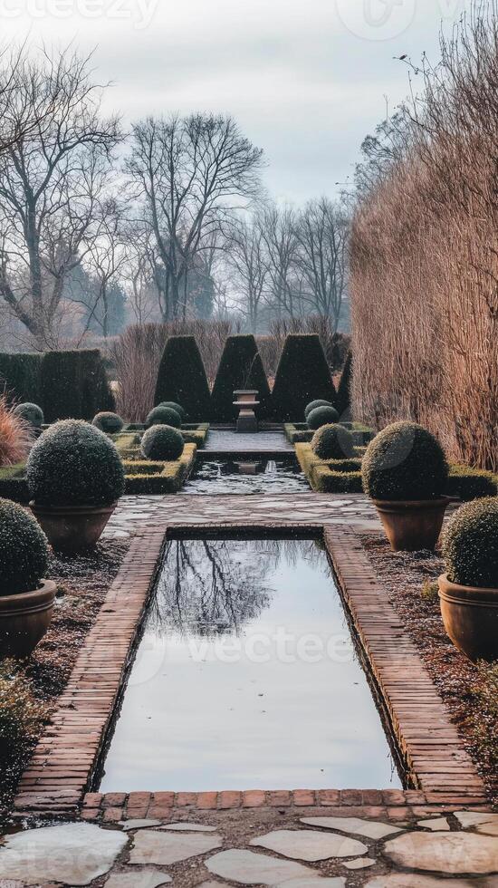 Boxwood hedges define structured garden spaces amid winter storms, photorealistic photo