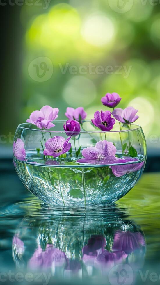 Crystal bowl with floating blooms in fountain water, photorealistic photo